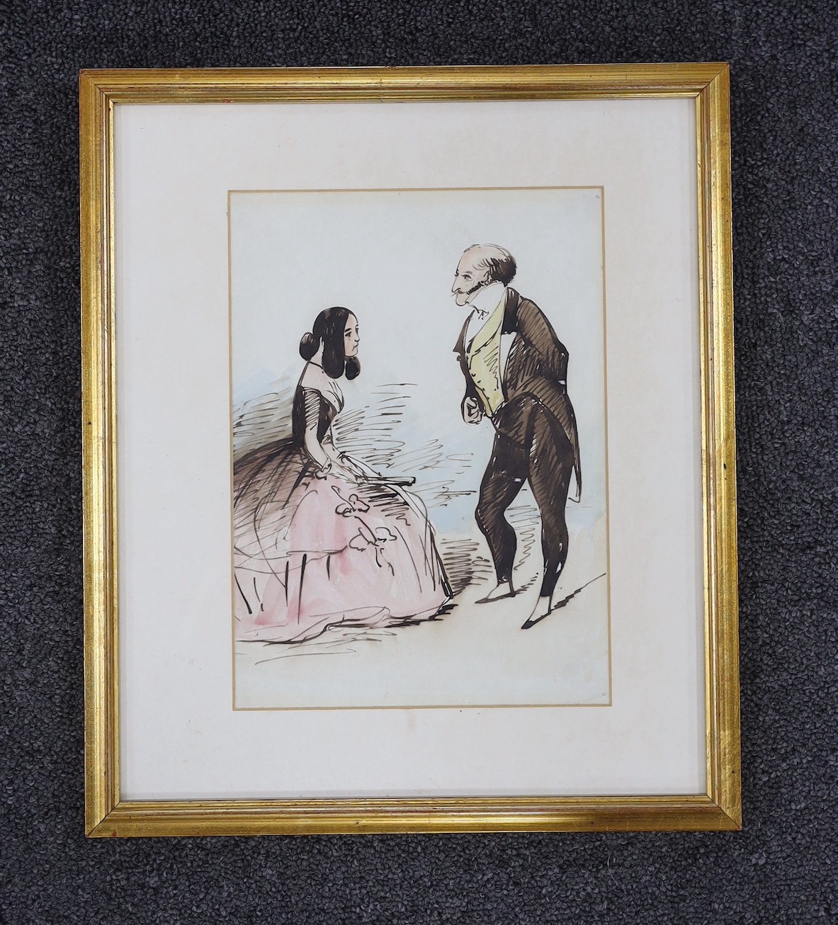 Constantin Guys (1802-1892), pen, ink and watercolour, ' A fashionable couple', 23 x 17cm.